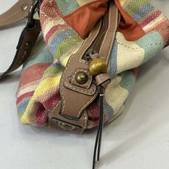 Fossil Beachy Striped Faux Leather Canvas Bag Zipper Dual Handle Pockets Boho - Picture 12 of 16